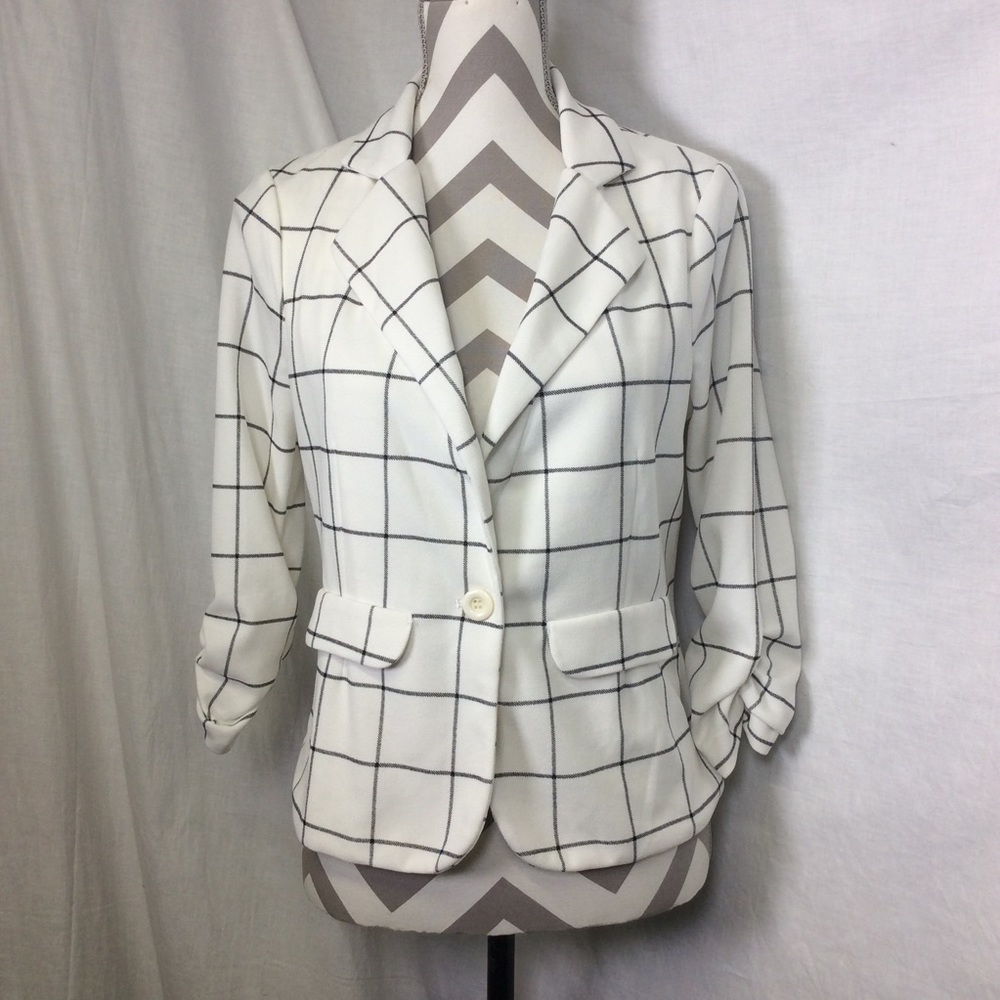 Crescent & Willough White Black Plaid Blazer  Sz M